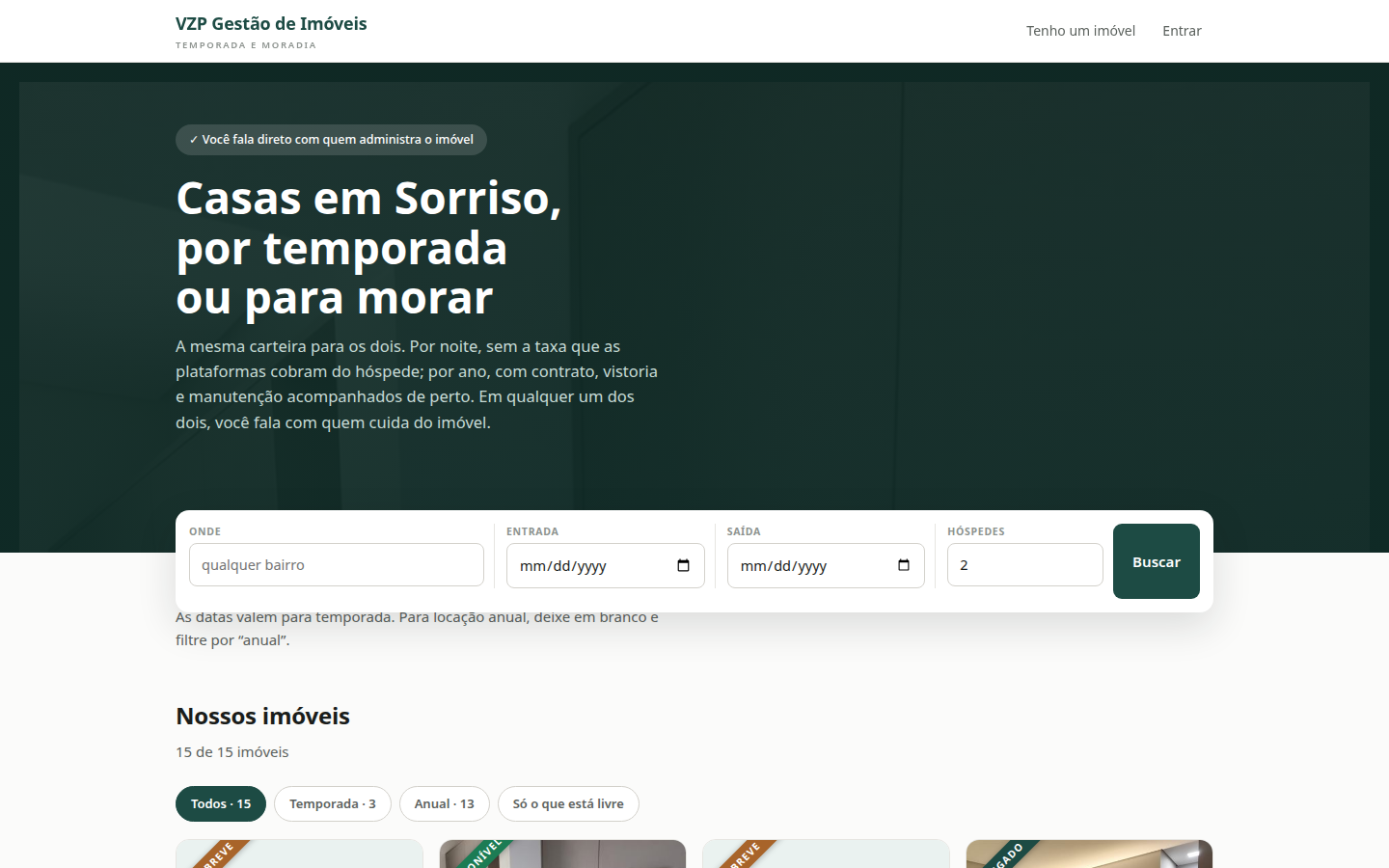Tela inicial da plataforma VZP Gestão de Imóveis, com busca de imóveis para temporada e moradia